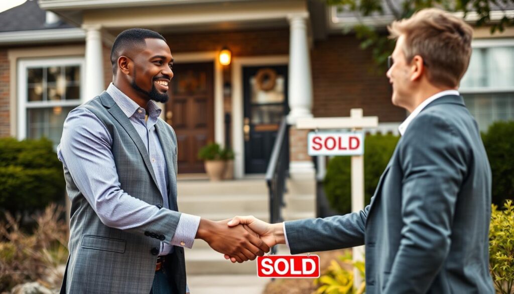 A Chicago cash home buyer and homeowner shaking hands in front of a sold house, illustrating the sell your house for cash Chicago process