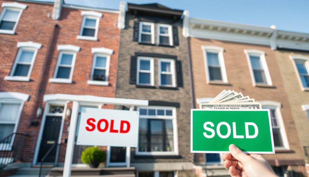 A person receiving cash for their Philadelphia house with a sold sign in the background