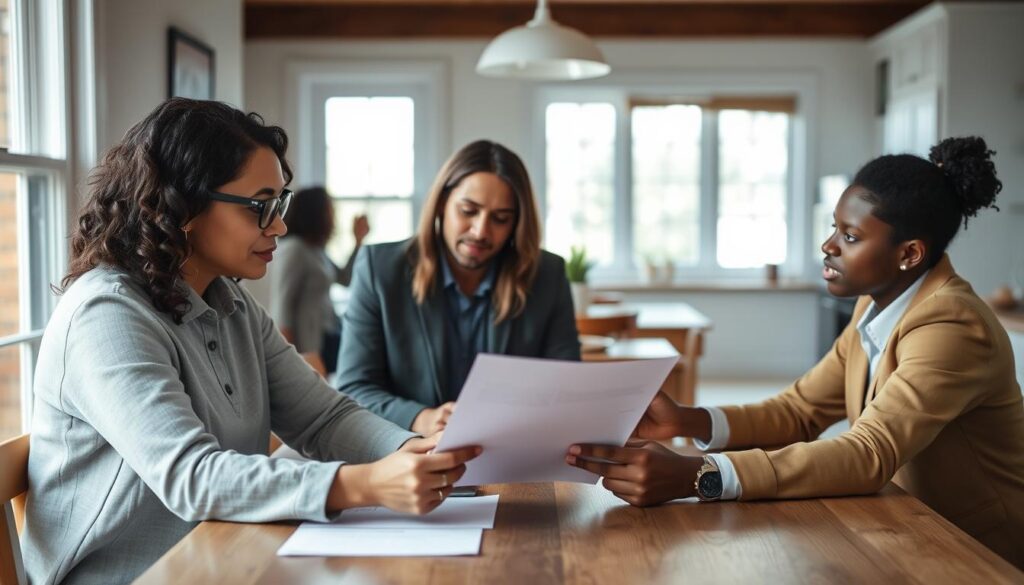 Baltimore homeowner reviewing cash offer documents with buyer