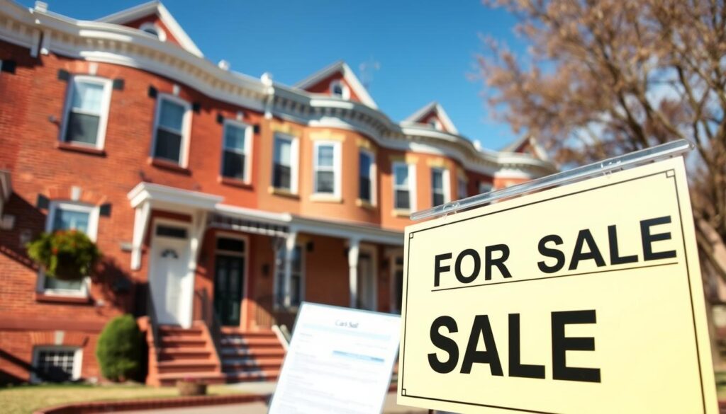 Baltimore row houses with a 'For Sale' sign and cash offer document