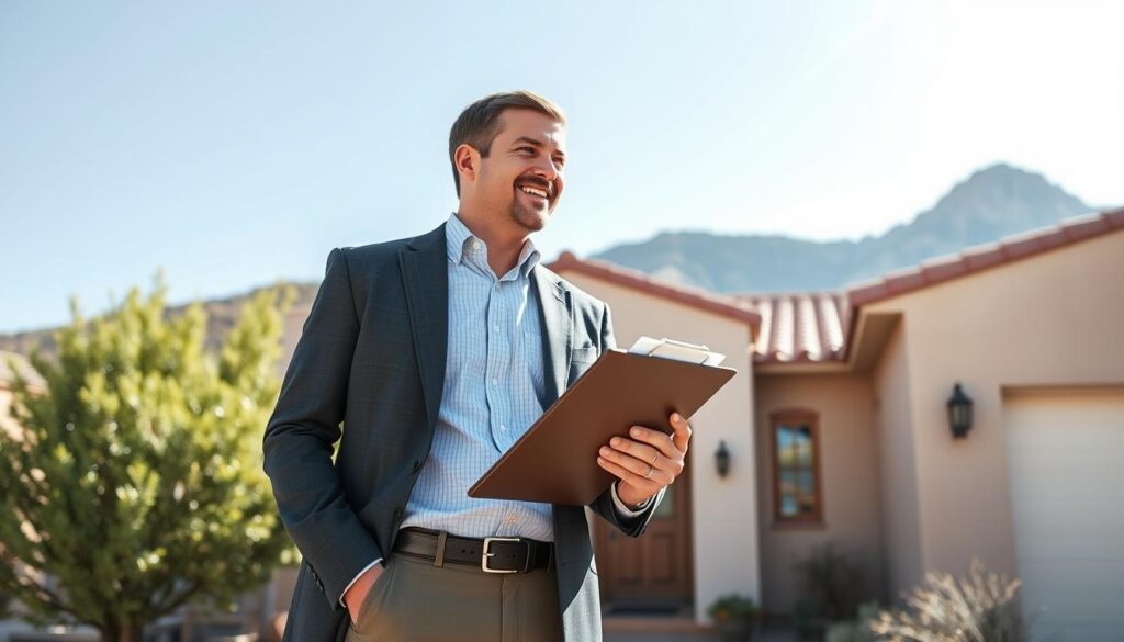 Cash home buyer examining an Albuquerque house for a fast cash offer