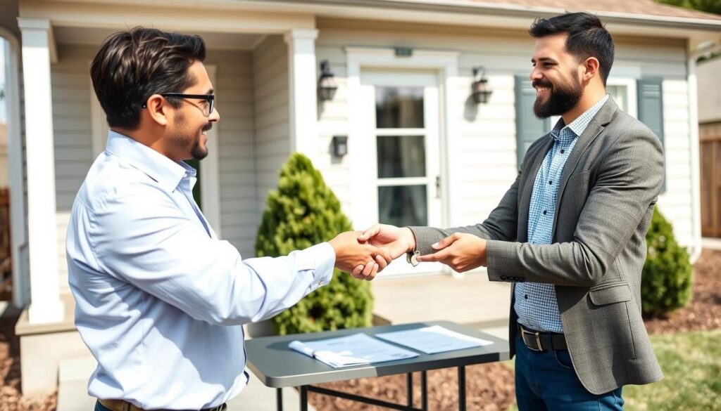Cash home buyer in Oklahoma City handing keys to homeowner