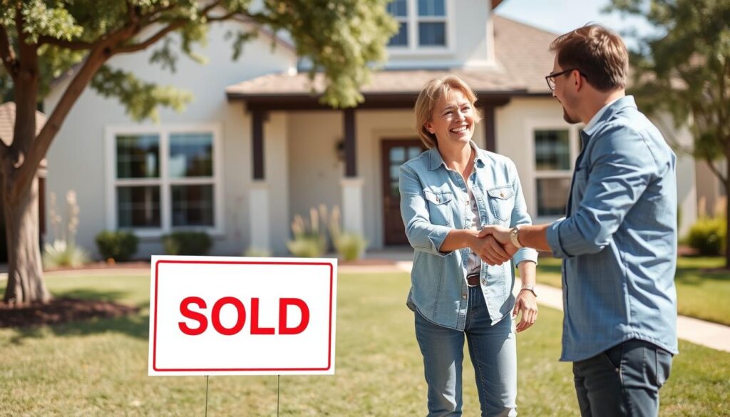 Cash home sale in San Antonio with happy homeowner receiving keys and cash