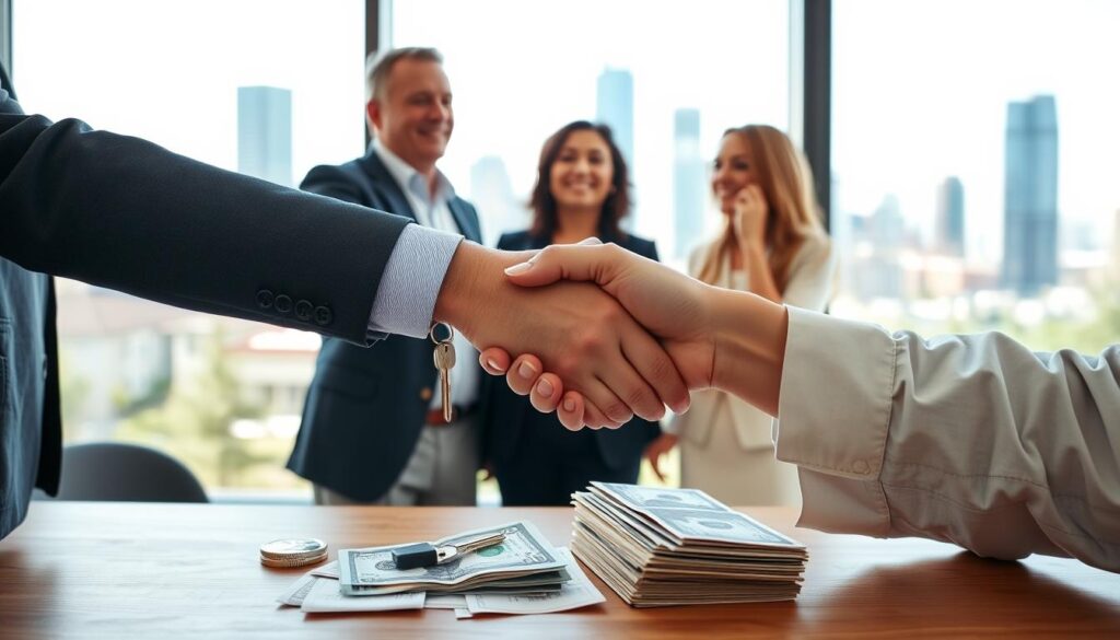 Cash home sale process in Denver CO showing a handshake over house keys and cash