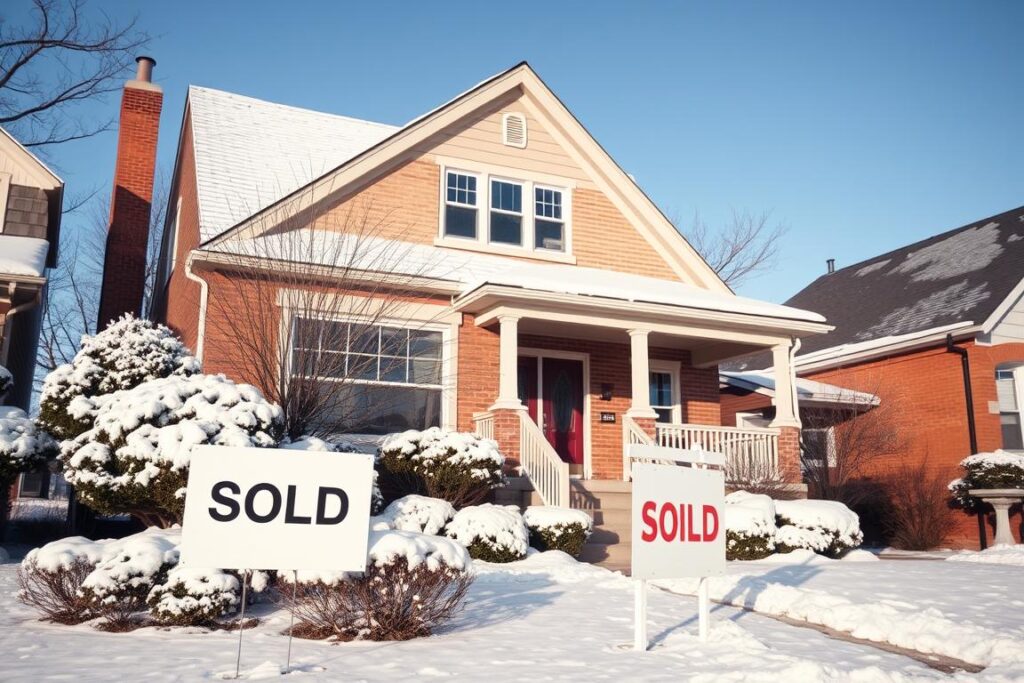 Chicago home in winter with a 'Sold' sign, representing year-round cash buying activity