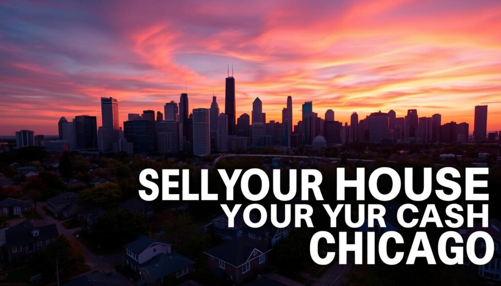 Chicago skyline with 'Sell Your House For Cash Chicago' text overlay