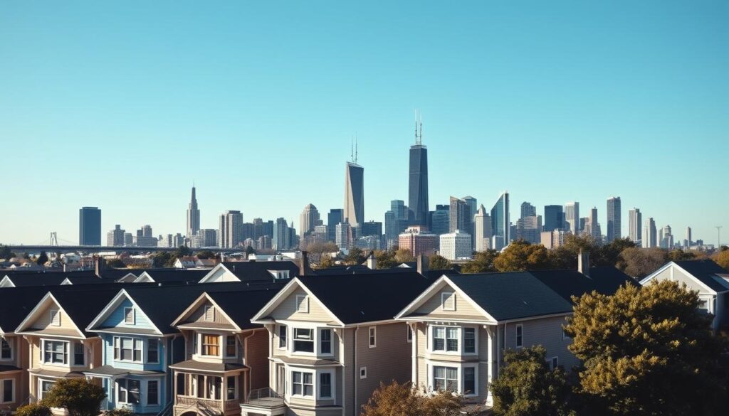 Chicago skyline with residential houses in the foreground, representing the sell your house for cash Chicago market