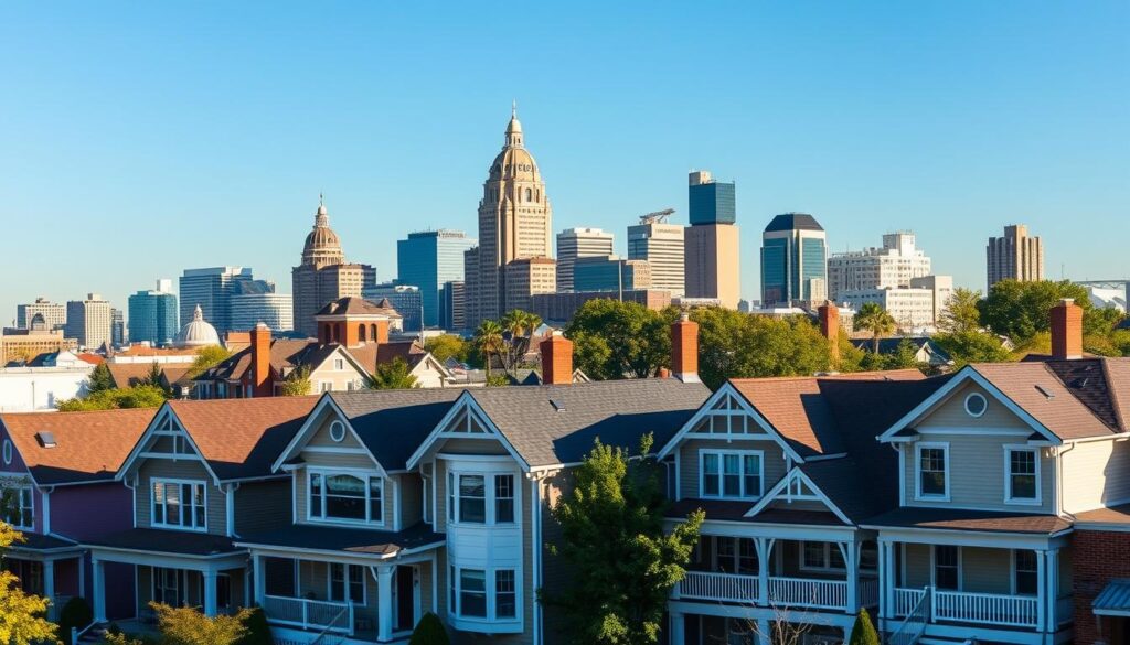 Columbus Ohio skyline with residential houses in foreground - Sell Your House For Cash In Columbus, OH