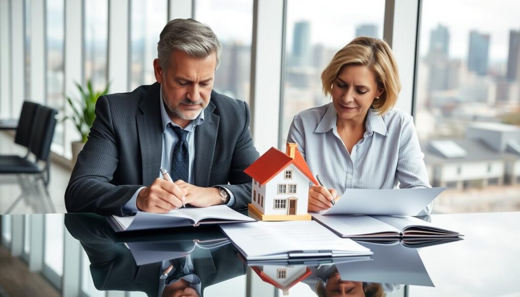 Couple signing divorce papers with a house model in Denver CO