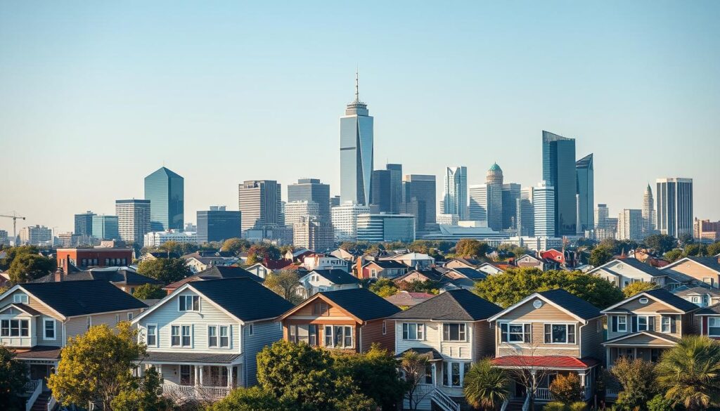 Dallas skyline with residential homes in the foreground, representing the Dallas, TX real estate market for cash home sales