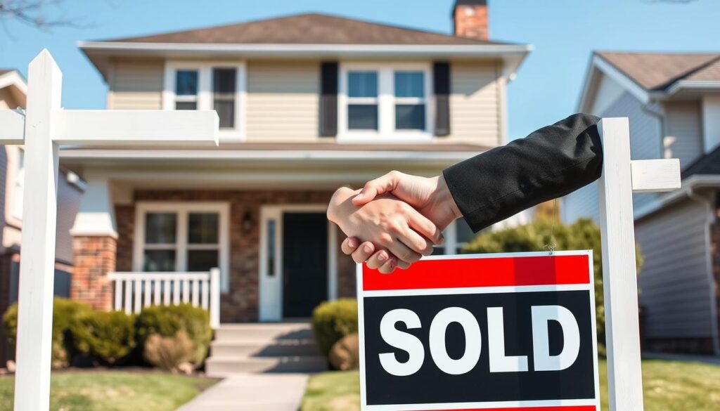Detroit home being sold for cash with a sold sign and handshake