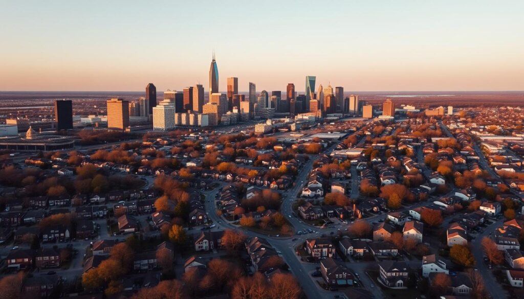 Detroit skyline with residential neighborhoods in foreground