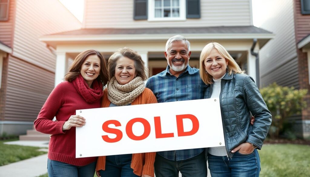 Happy Chicago homeowners who sold their house for cash standing in front of their former home
