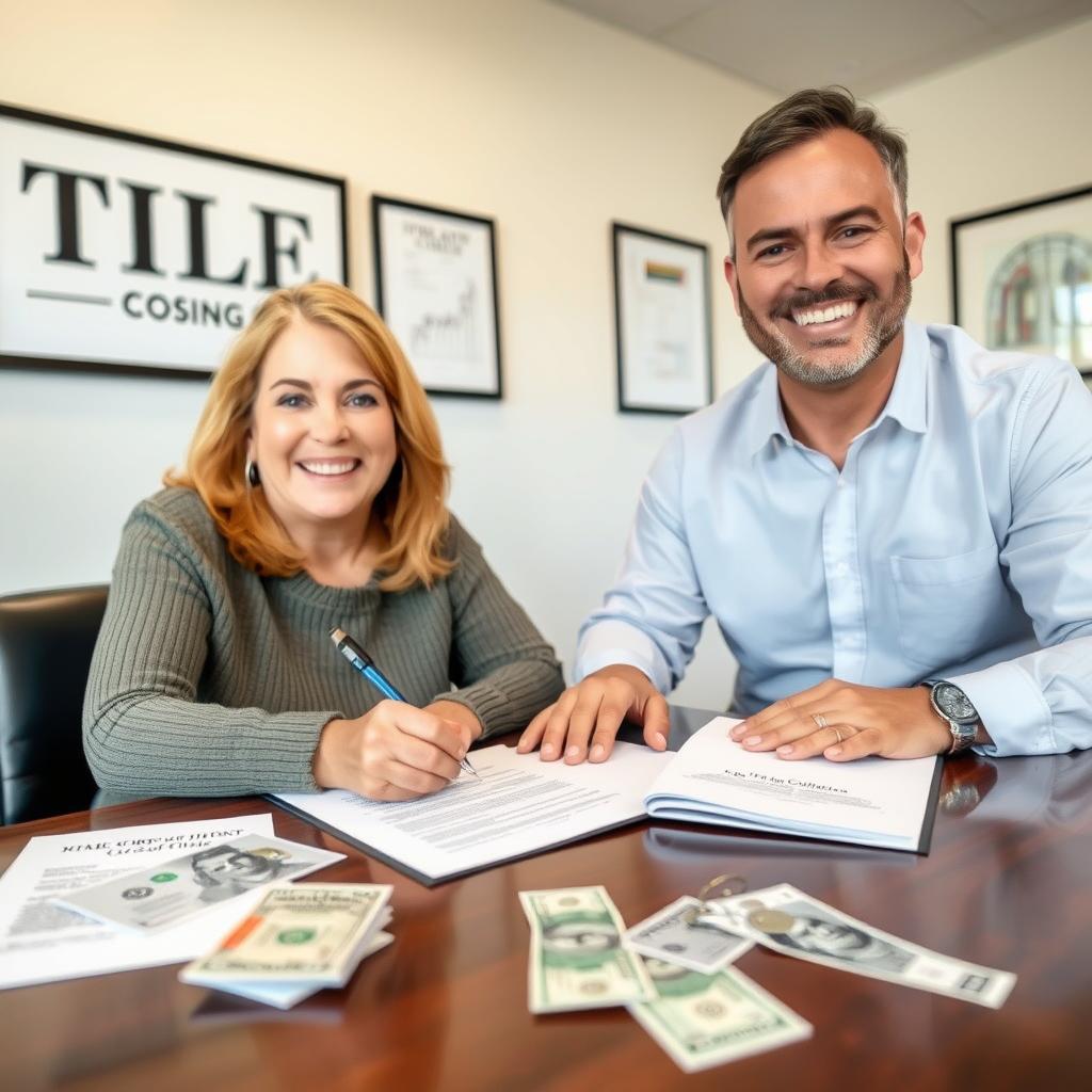 Happy homeowner at closing table selling house for cash in Kansas City