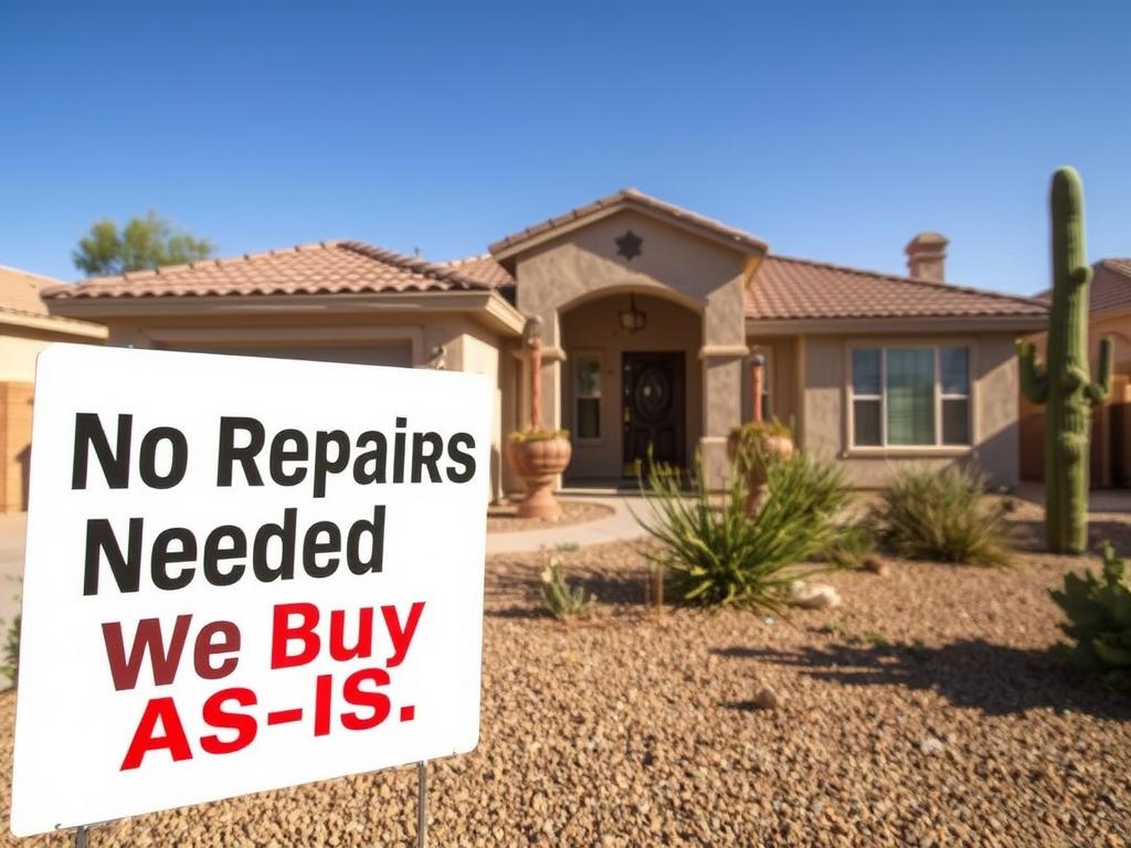 Home with 'No Repairs Needed' sign in front of Phoenix house