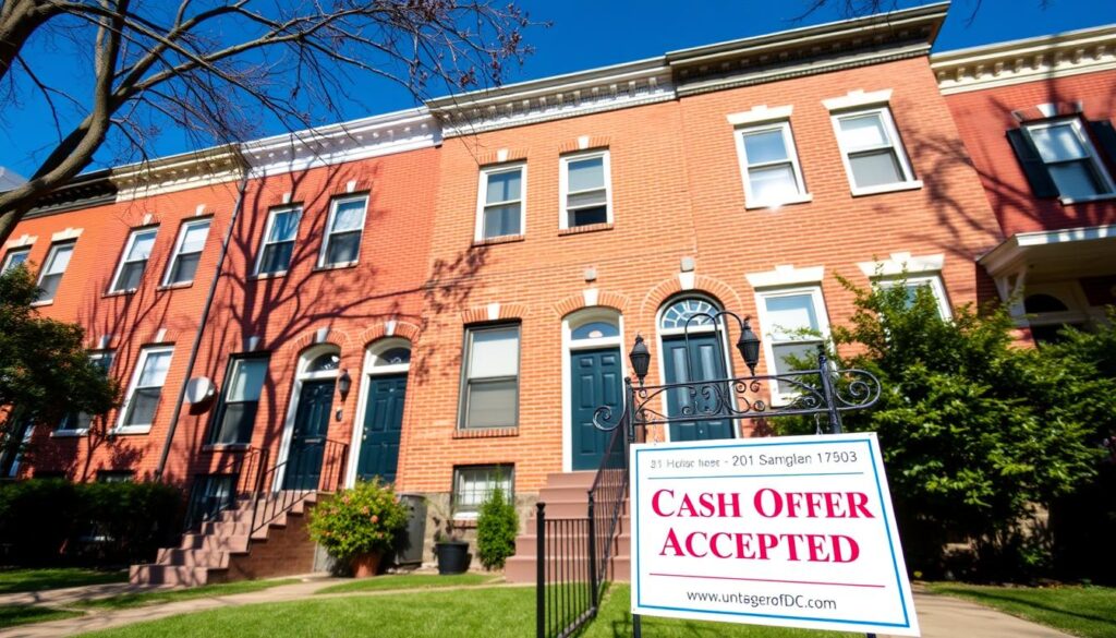 House with cash offer sign in Washington DC neighborhood