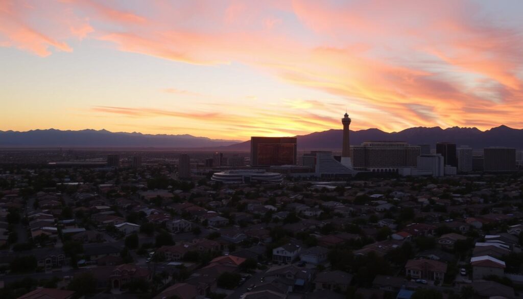 Las Vegas skyline with residential neighborhoods for selling houses for cash