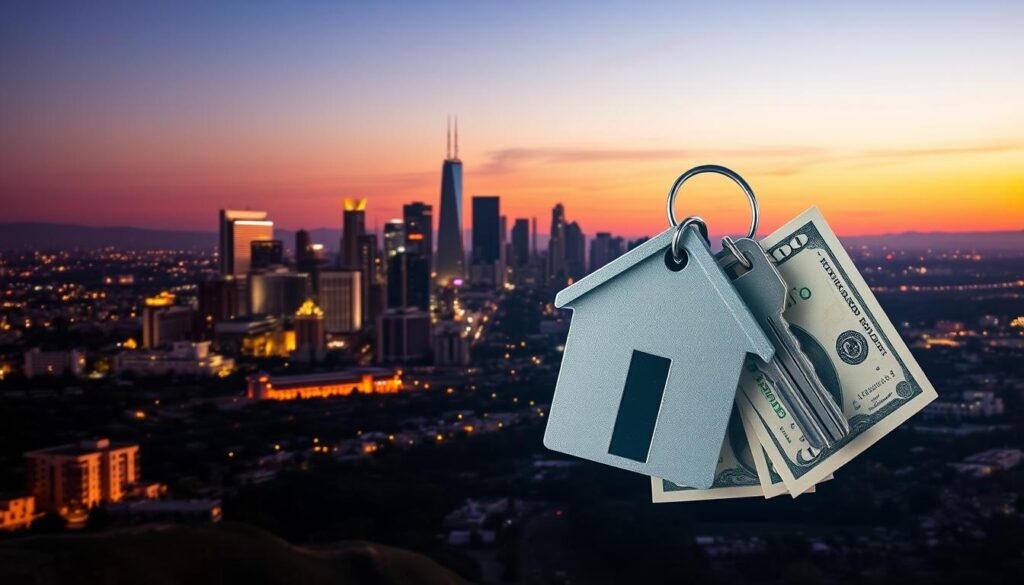 Los Angeles skyline with cash home buying concept