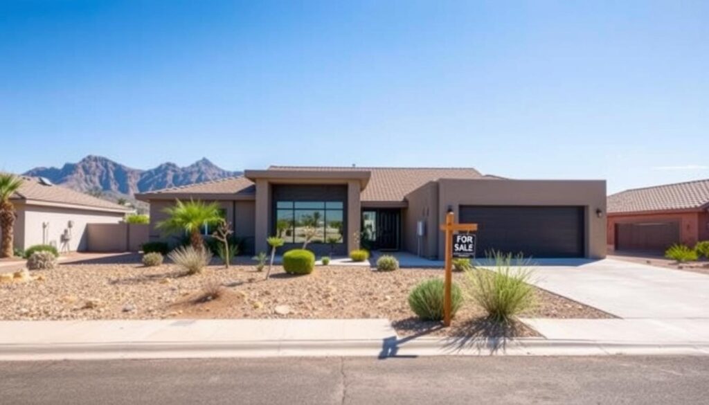 Modern home in Tucson, Arizona with mountains in the background and a 'For Sale' sign