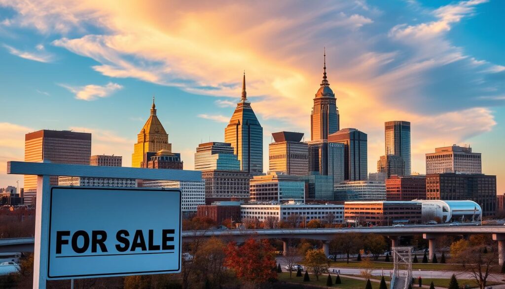 Nashville skyline with real estate for sale sign in foreground - Sell Your House For Cash In Nashville, TN
