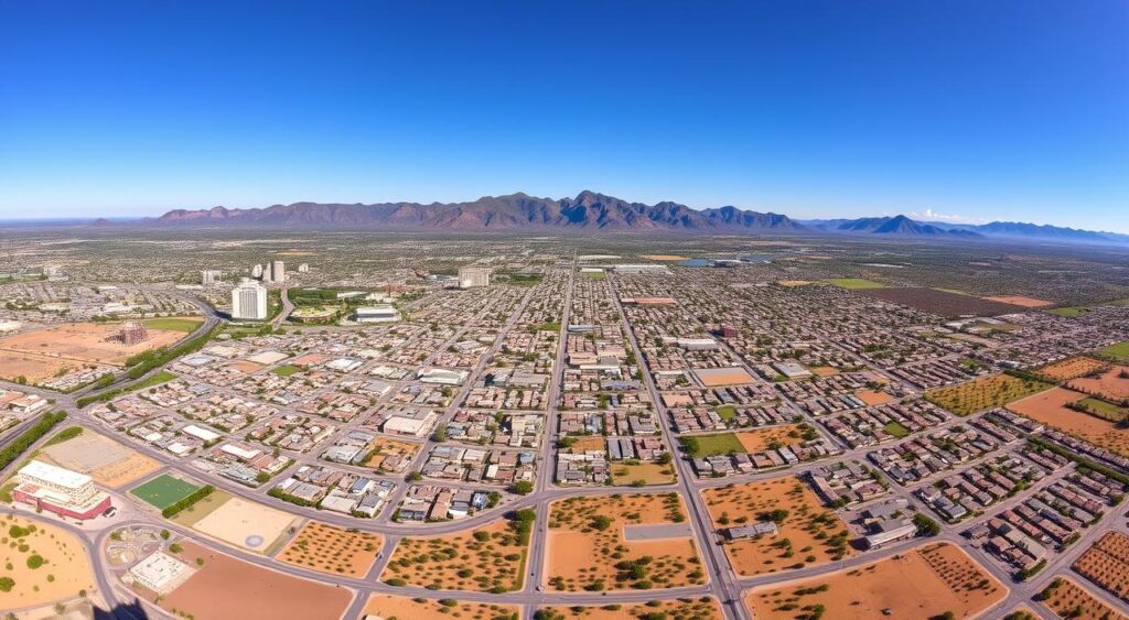 Panoramic view of Tucson, Arizona with mountains and desert landscape