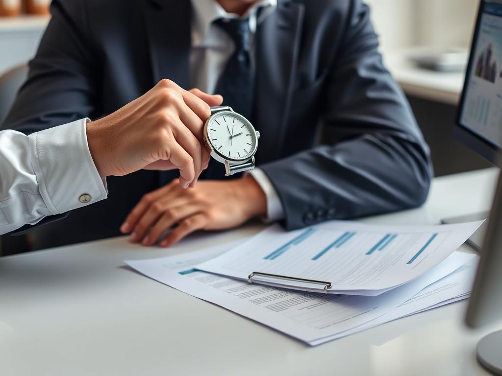 Person checking watch while reviewing home selling documents in El Paso
