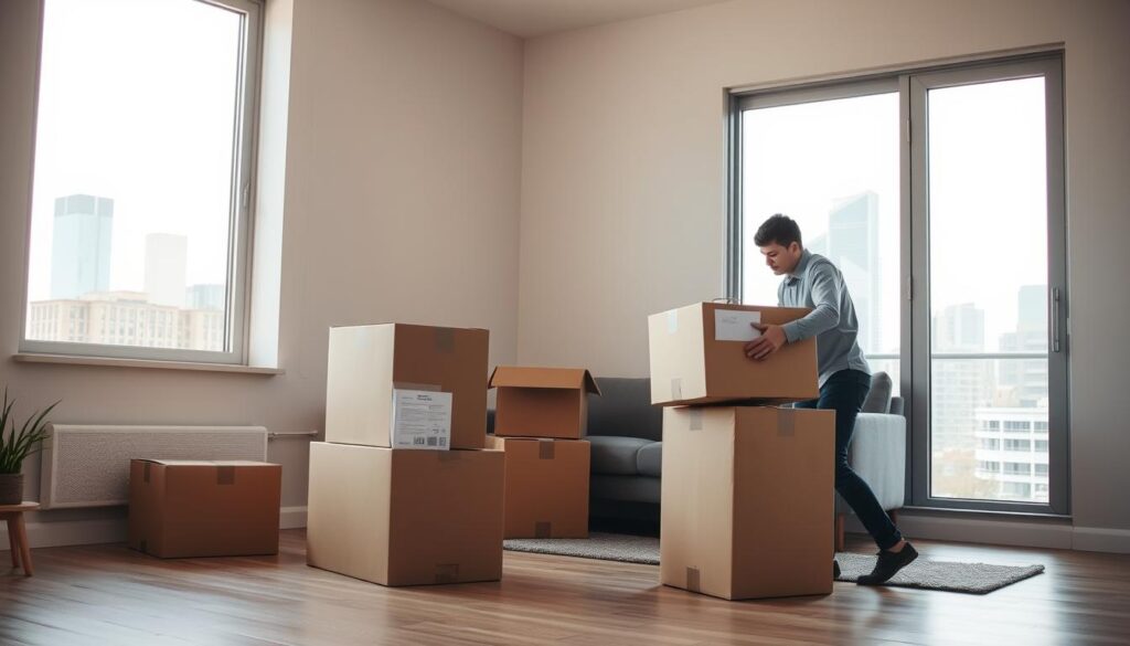 Person packing moving boxes for job relocation from Denver CO