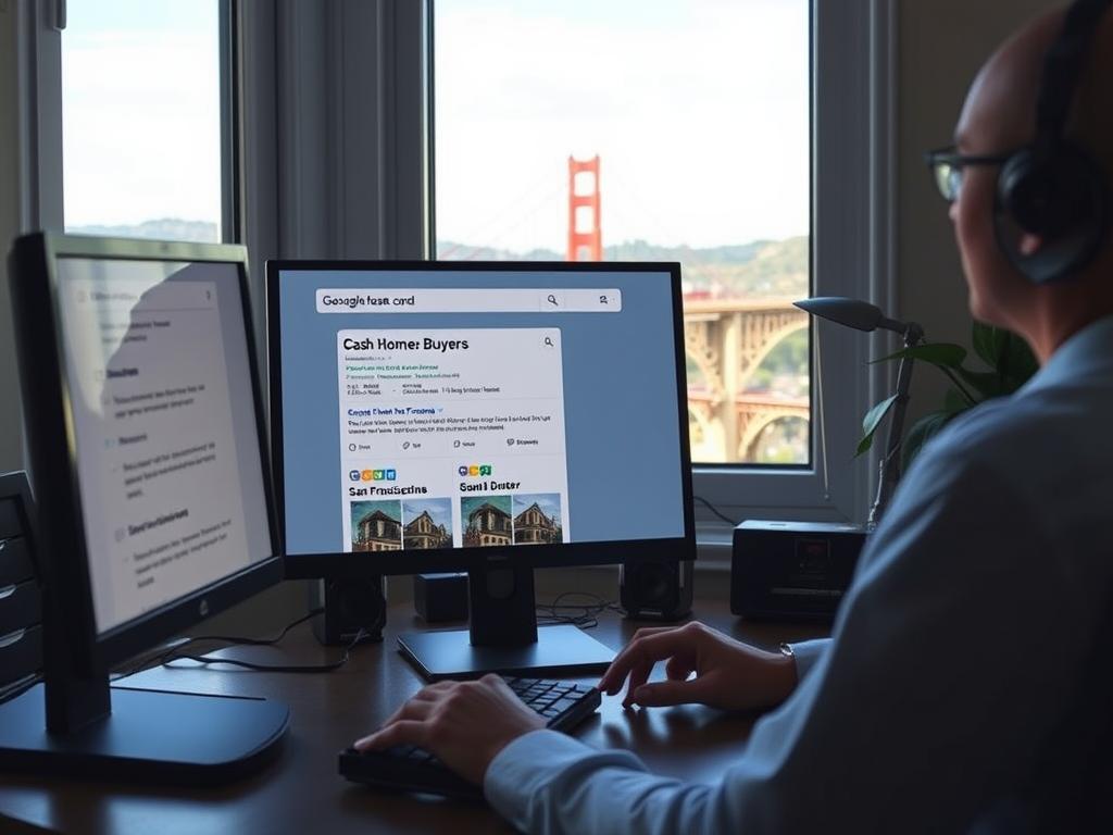 Person researching reputable cash home buyers in San Francisco on computer
