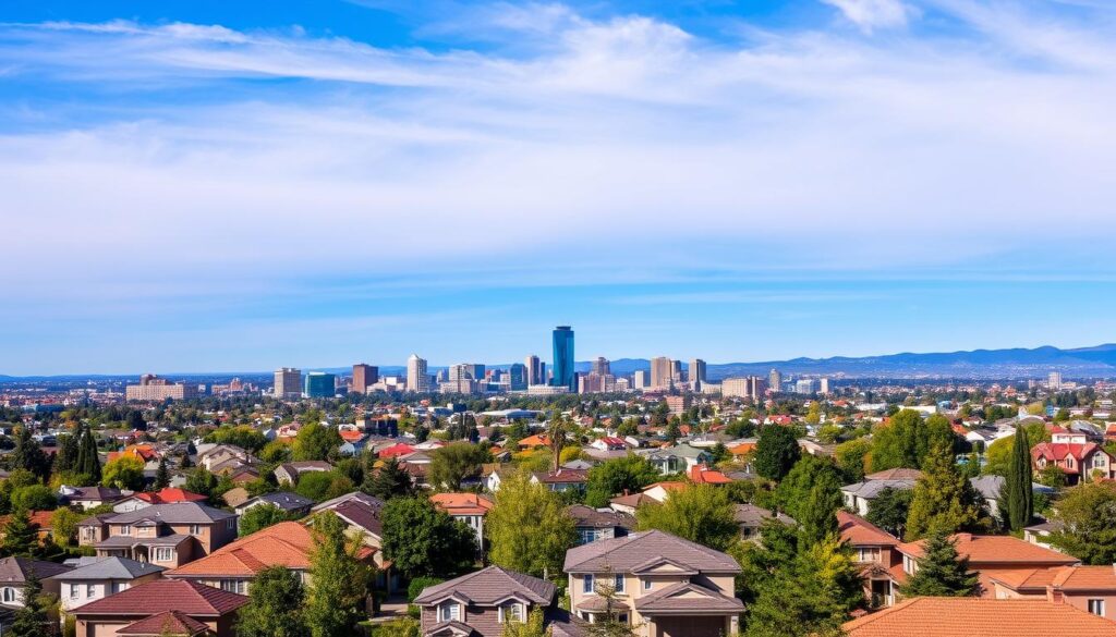 Sacramento skyline with residential neighborhoods in the foreground