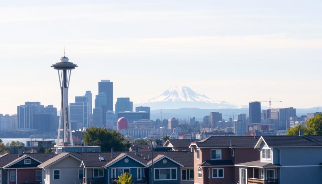 Seattle skyline with residential houses in the foreground, representing the Seattle, WA housing market for cash home sales