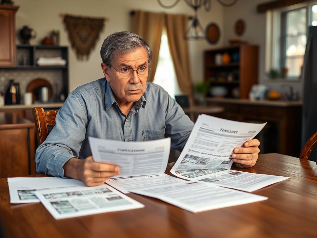 Tucson homeowner facing foreclosure looking at paperwork with worried expression