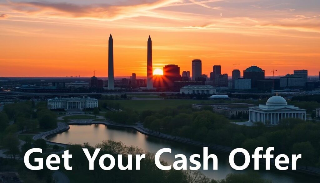 Washington DC skyline with cash home sale offer